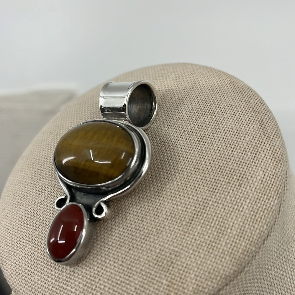 Vintage CII Mexico 925 Sterling Tiger's Eye & Carnelian Pendant Heavy 18.4g - Picture 8 of 16